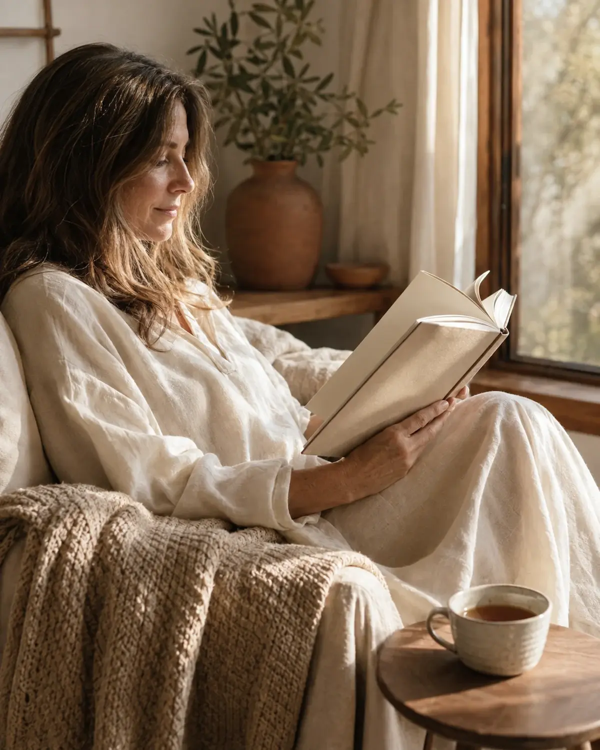 Mujer leyendo junto a una ventana y una taza de té — Diario de reflexiones sobre slow living y autoconocimiento