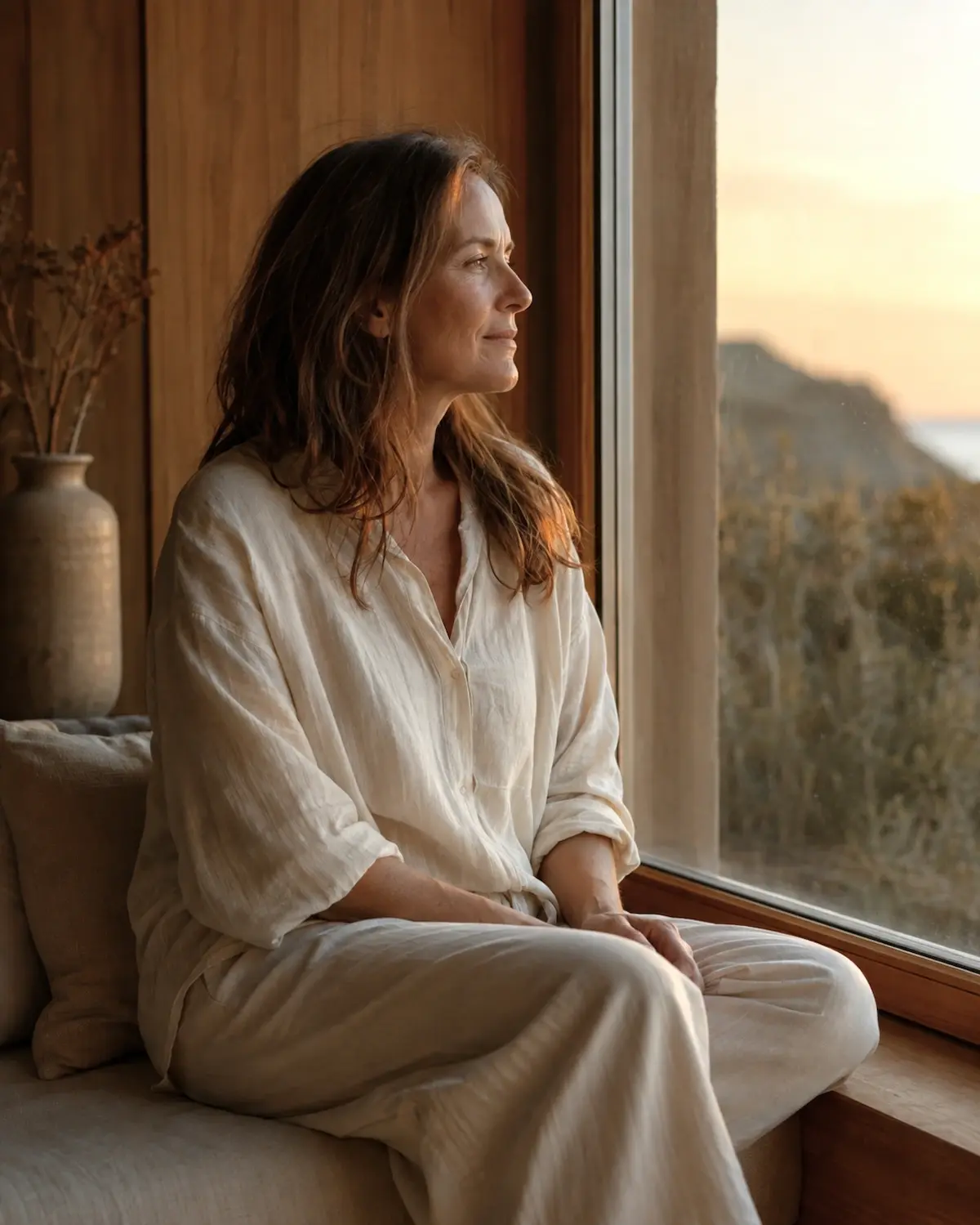 Mujer contemplando el paisaje con luz cálida lateral — Filosofía de bienestar emocional en Ser con Balance