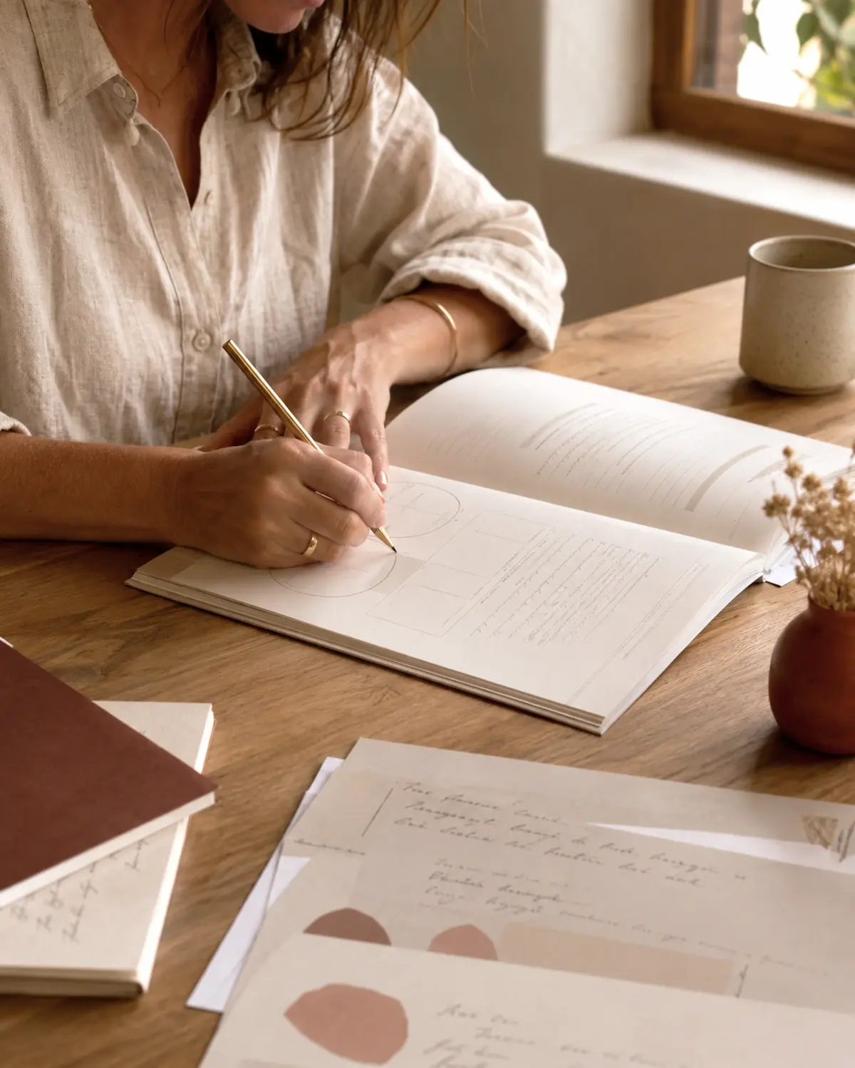 Manos escribiendo en cuaderno con textura de papel — Herramientas prácticas de bienestar emocional
